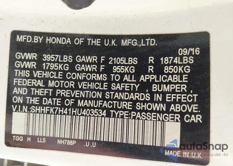 2017 Honda Civic Sport из США, поврежденный, VIN SHHFK7H41HU403534